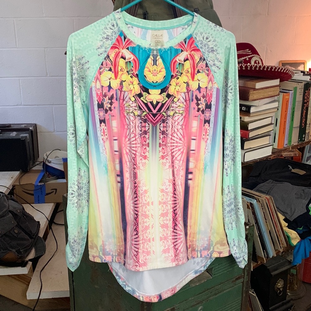 Calia by Carrie Underwood Floral Pattern Ruched Long Sleeve Rash Guard, Sz. M